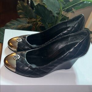 Tory Burch Quilted Black Heels with Gold Cap Toe